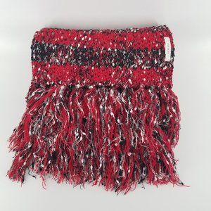 Maurices red black white and grey striped fringed scarf
